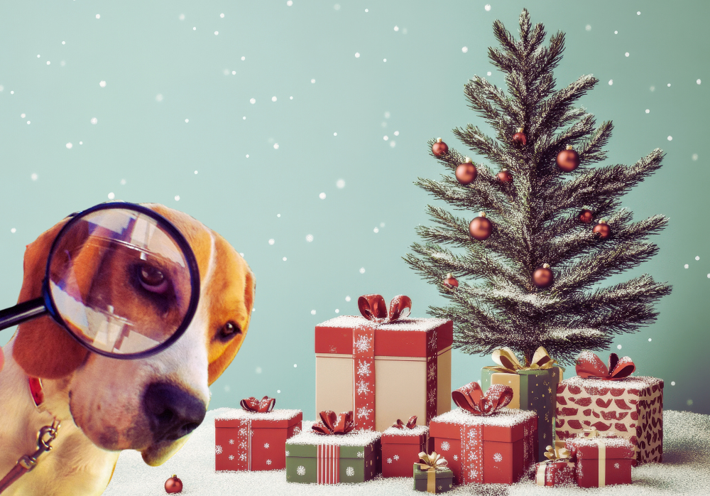 Dog pet detective investigating the tree and presents in the background.
