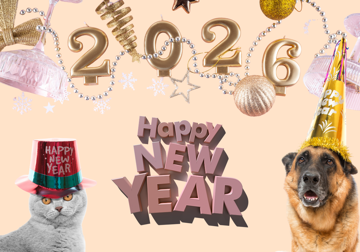 Cat and dog wearing party hats. 2026 Pet Wellness decorations include the text: Happy New Year & 2026.